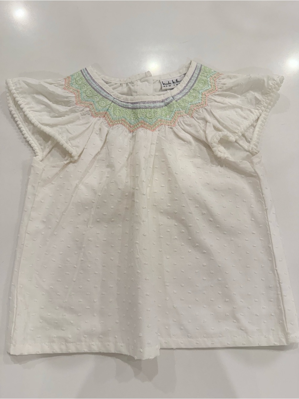 White Embroidered Dot Baby Top with Pastel Yoke